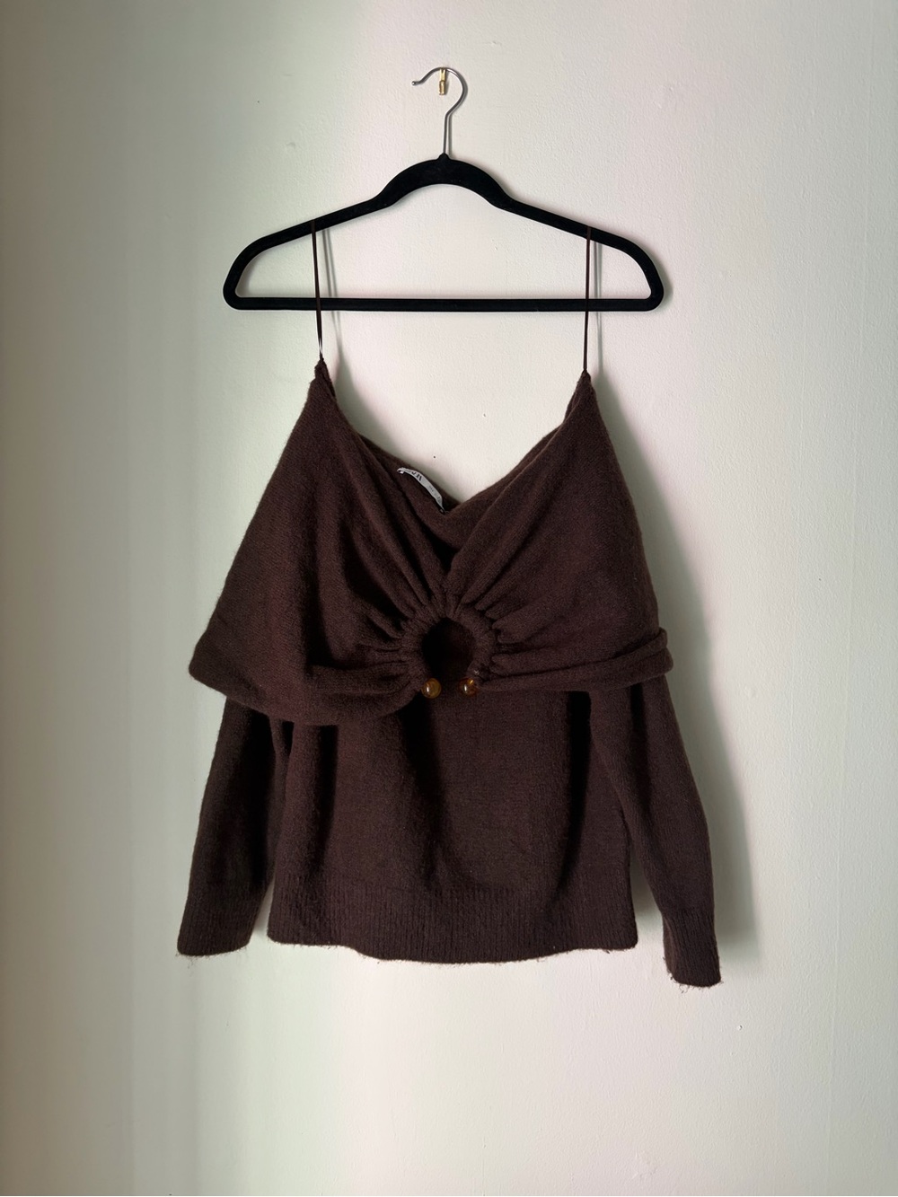 Zara Chocolate Brown Off-the-Shoulder Knit Sweater with Ring Accent